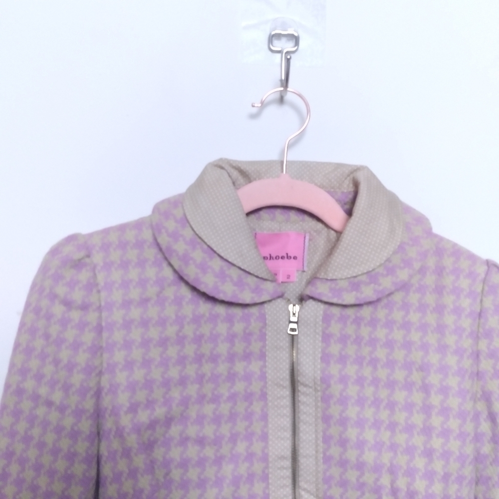 Phoebe x Kay Unger Purple and Tan Houndstooth Ruffle Trim Zip Up Blazer Size 2 - Picture 9 of 16